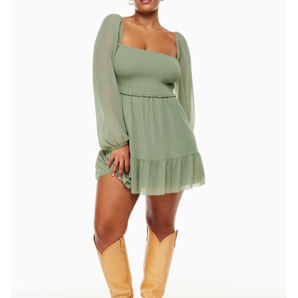 Aritzia Wilfred Tempest Sage Green Smocked Chiffon Mini Dress Size S